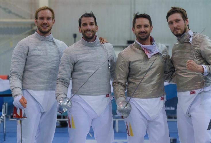 Die Säbelherren Benedikt Wagner, Björn Hübner-Fehrer, Matyas Szabo und Max Hartung (von links; Bild: Augusto Bizzi)